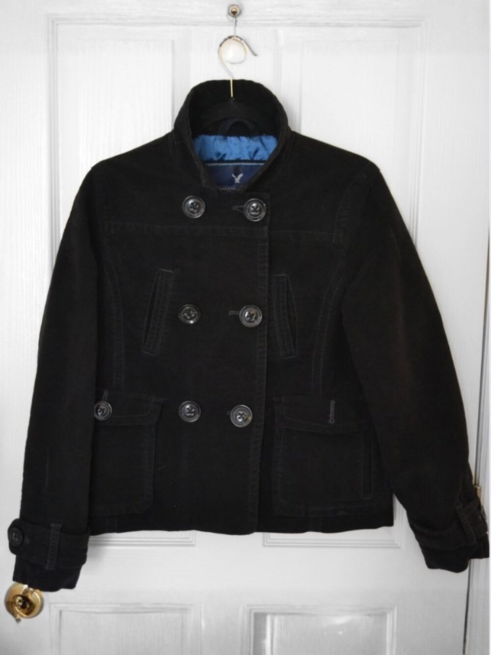 American Eagle Black Double Breasted Peacoat Blue Satin Lined Jacket Size Large